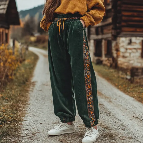 Women's Loose Corduroy Casual Trousers, Simple Ethnic Style Comfortable Elastic Waist Small Leg Trousers - Dozenlive.com 