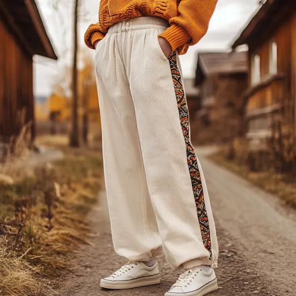 Women's Loose Corduroy Casual Trousers, Simple Ethnic Style Comfortable Elastic Waist Small Leg Trousers - Nicheten.com 