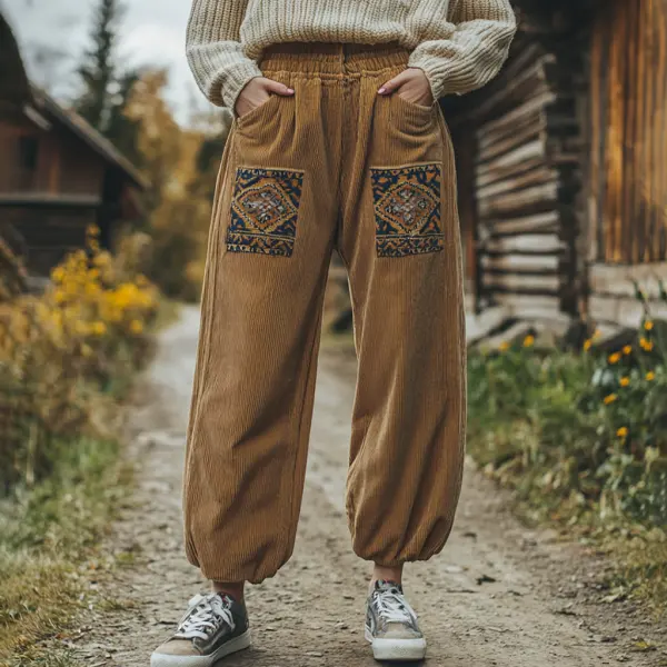 Women's Loose Corduroy Casual Trousers, Simple Ethnic Style Comfortable Elastic Waist Small Leg Trousers - Anurvogel.com 