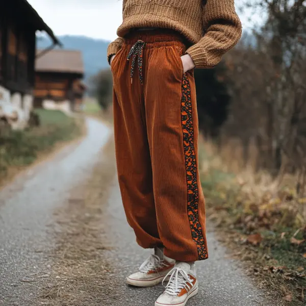 Women's Loose Corduroy Casual Trousers, Simple Ethnic Style Comfortable Elastic Waist Small Leg Trousers - Anurvogel.com 