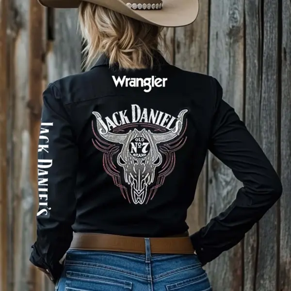 Women's Western Cowgirl PBR Whiskey Print Long Sleeve Black Shirts - Cotosen.com 