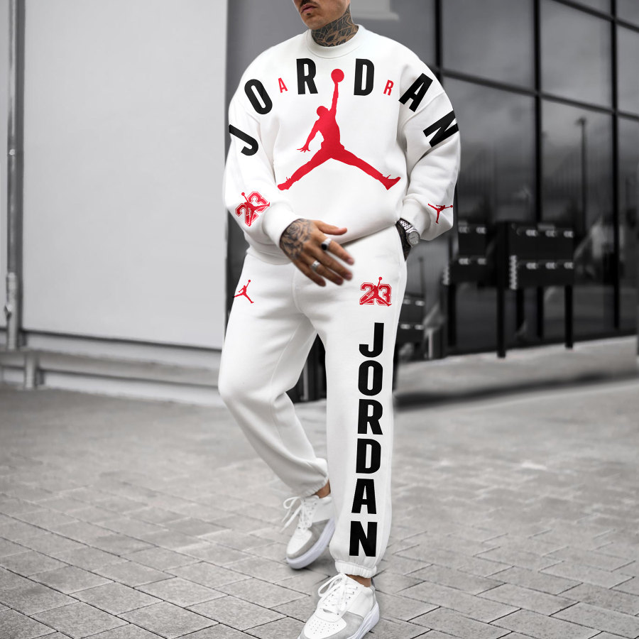

Street Fashion Casual Basketball Print Unisex Round Neck Sports Pants Suit