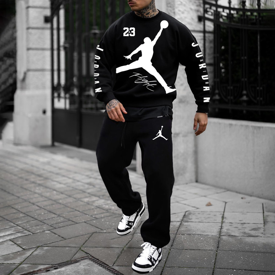 

Street Fashion Casual Basketball Print Unisex Round Neck Sports Pants Suit