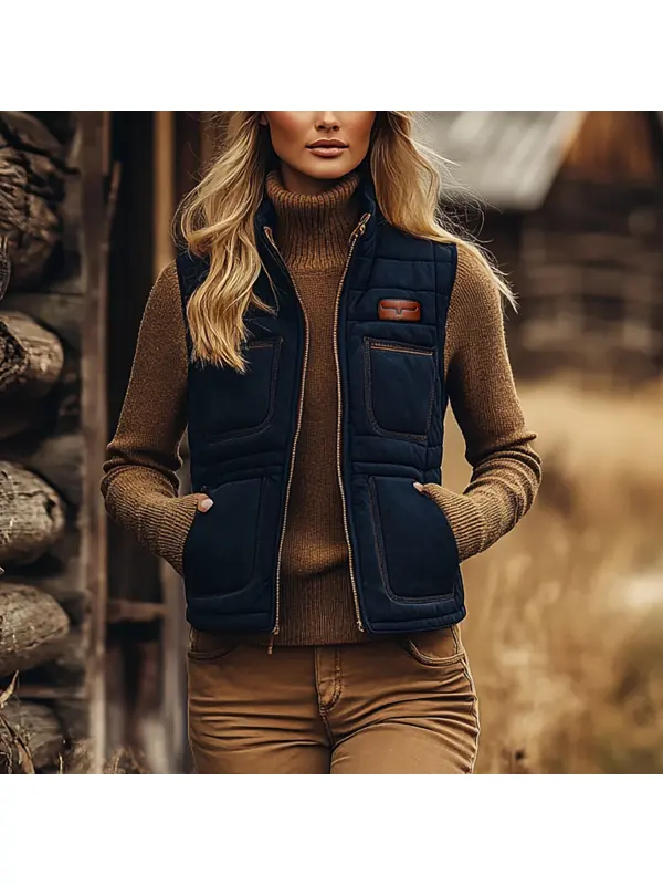 Retro Western Ethnic Cowboy Style Padded Vest Women's Zipper Stand Collar Sleeveless Jacket - Aptkoi.com 
