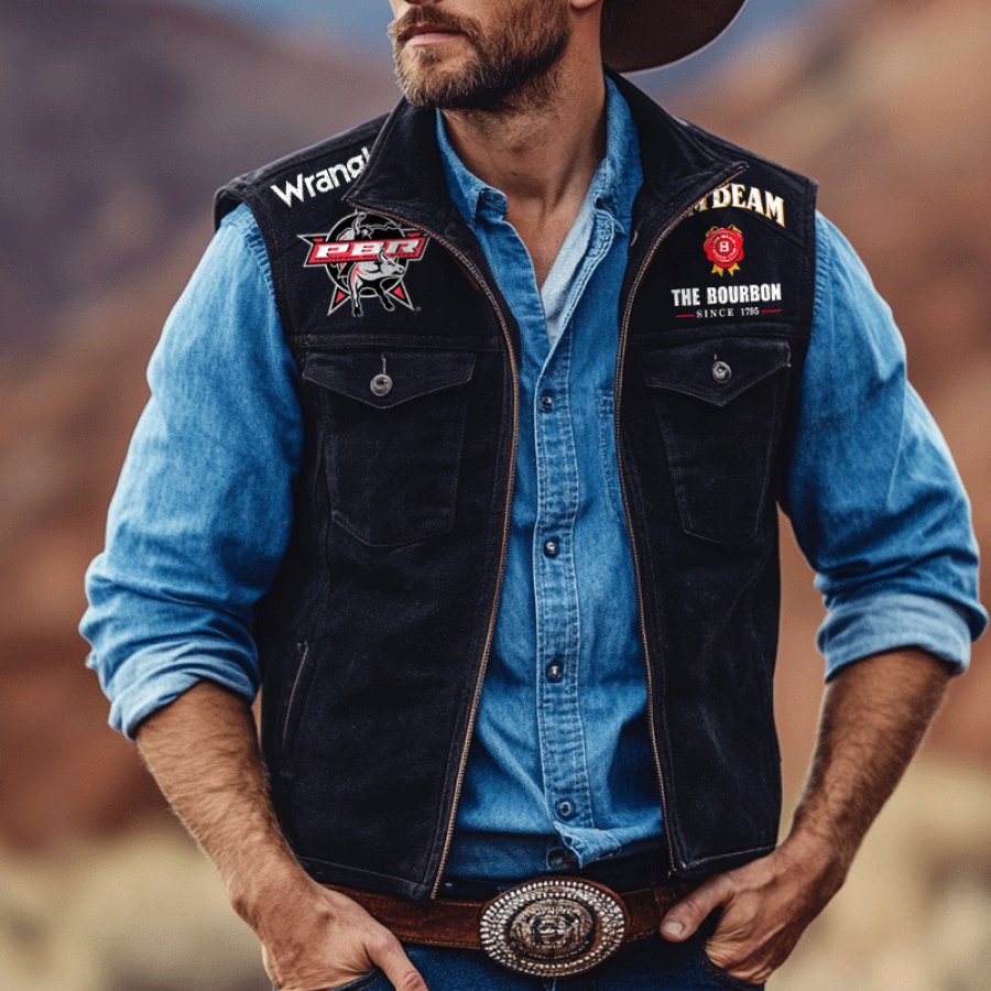 

Men's Western Cowboy Vintage PBR Teams Jack Daniels Suede Vest