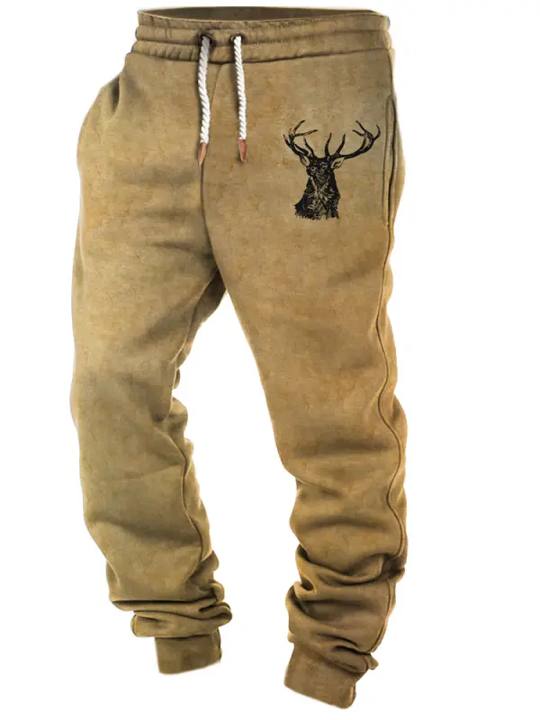 Men's Retro Elk Print Pocket Casual Sports Elastic Waist Pants - Pragmaace.com 