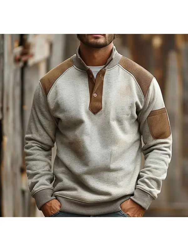 Men's Original Design Men's Patchwork Color Block Casual Stand Collar Henley Sweatshirt - Anrider.com 