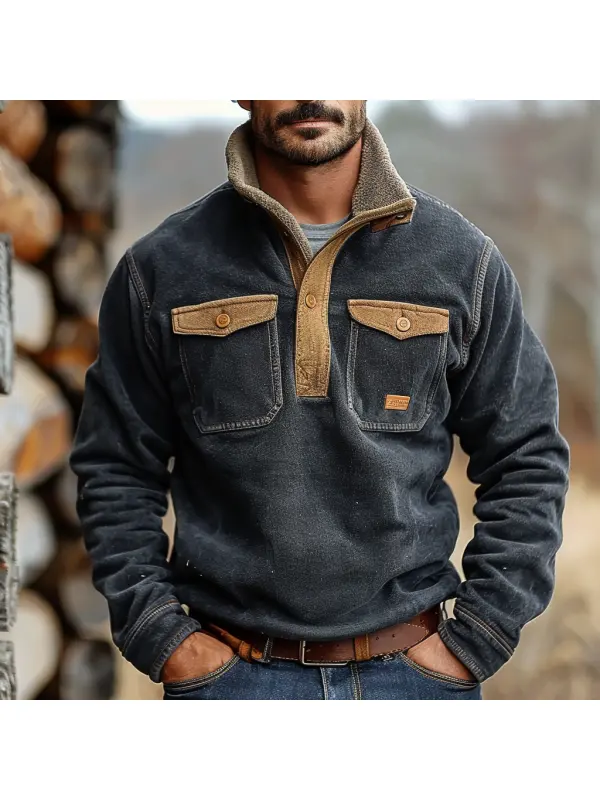 Men's Original Design Men's Patchwork Color Block Casual Stand Collar Henley Sweatshirt - Anrider.com 