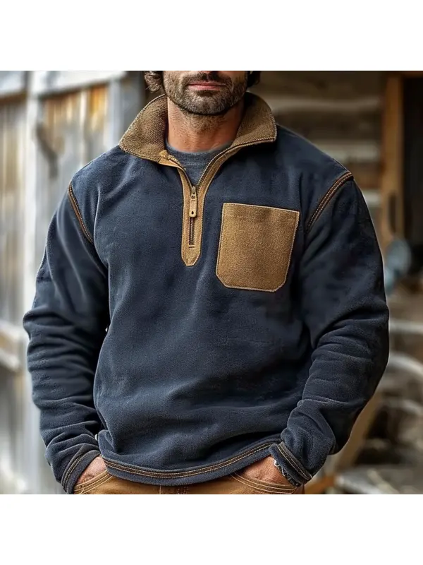 Men's Original Design Men's Patchwork Color Block Casual Stand Collar Henley Sweatshirt - Anrider.com 