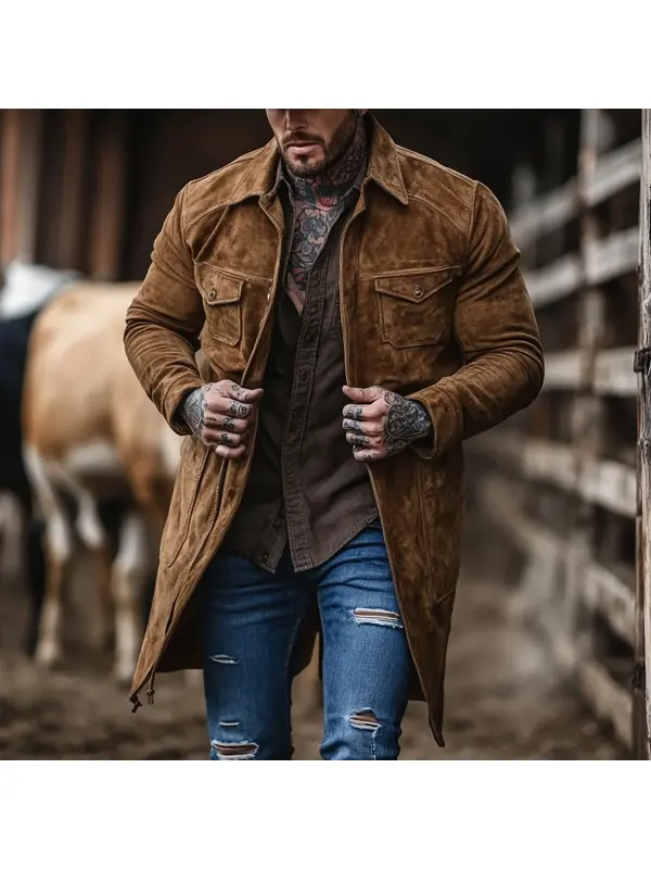 Retro Men's Outdoor Western Style Mid-length Jacket - Ootdmw.com 