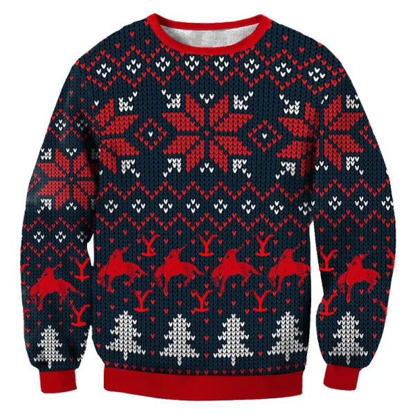 Yellowstone Print Crew Neck Ugly Christmas Dark Blue Sweatshirt - Trisunshine.com 