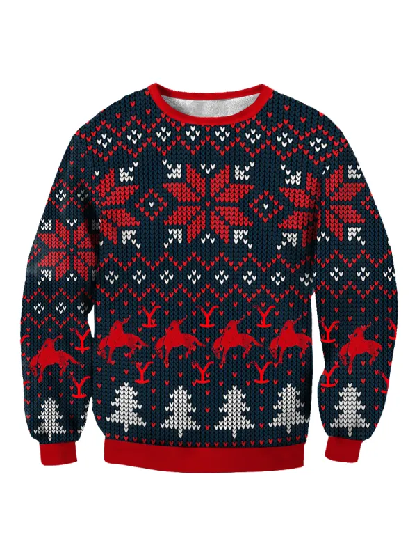 Yellowstone Print Crew Neck Ugly Christmas Dark Blue Sweatshirt - Anrider.com 