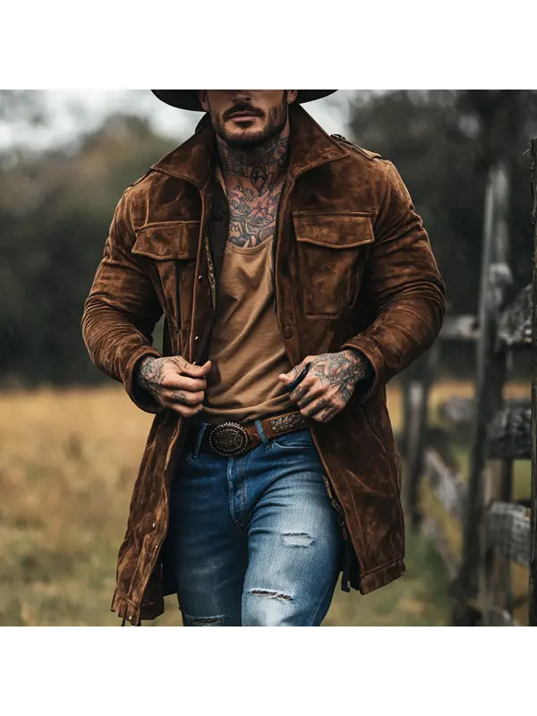 Retro Men's Outdoor Western Style Mid-length Jacket - Ootdmw.com 