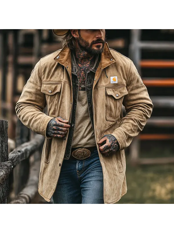 Retro Men's Outdoor Western Style Mid-length Jacket - Aptkoi.com 