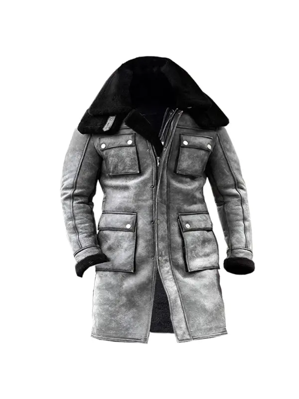 Men's Vintage Suede Fleece Motorcycle Outdoor Jacket Long Coat - Localziv.com 