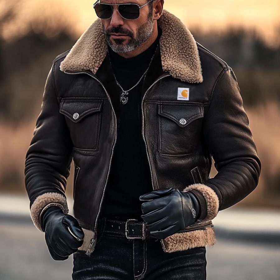 

Carhartt Men's Vintage Leather Multi-Pocket Fleece Lapel Collar Outdoor Layer Motorcycle Bomber Jacket