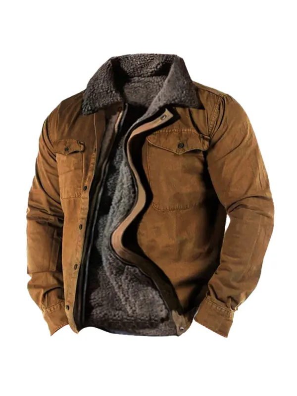 Men's Retro Lining Plus Fleece Zipper Tactical Shirt Jacket - Frontiercool.com 
