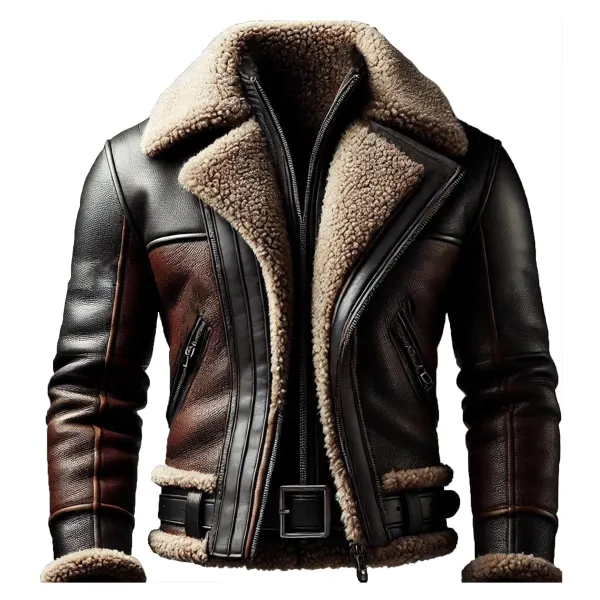 Men's Warm Contrast Color Leather Coat - Ootdyouth.com 