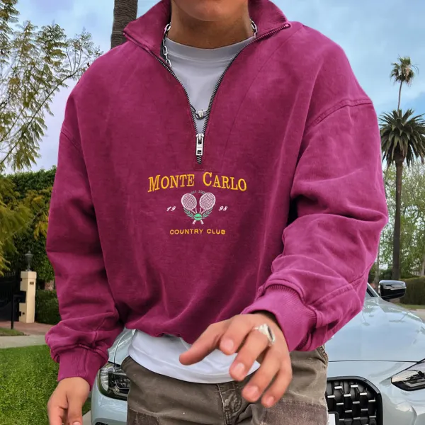 Vintage Unisex Monte Carlo Country Club Polo Collar Sweatshirt Zip Half Open Collar Pullover Sweatshirt - Anurvogel.com 
