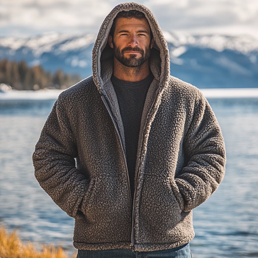 

Men's Outdoor Lambskin Hooded Khaki Jacket