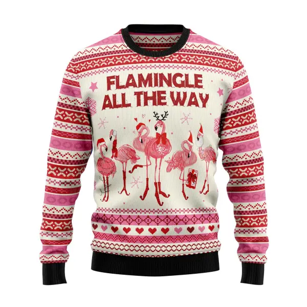 Unisex Vintage Flamingo Flamingle All The Ways Print Crew Neck Ugly Christmas Sweatshirt - Mushope.com 