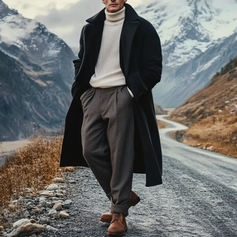 

Men's Vintage Wool Warm Lapel Collar Jacket Long Coat