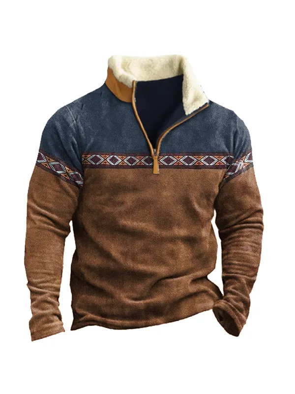 Men's Aztec Colorblock Zipper Stand Collar Sweatshirt - Aptkoi.com 