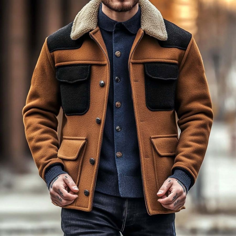 

Men's Vintage Wool Multi-Pocket Contrast Fleece Lapel Collar Outdoor Sherpa Collar Jacket
