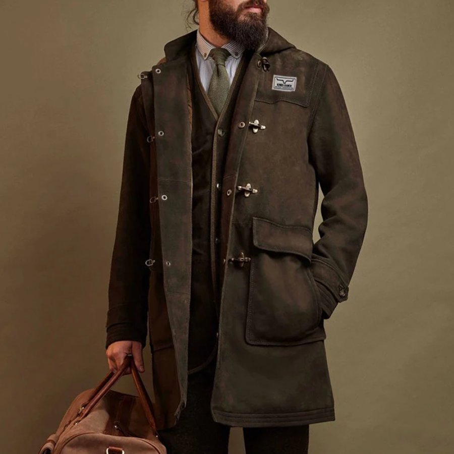 

Men's Outdoors Hunting Shooting Duffel Coat In Heavy Waxed Robust Goat Suede Jacket