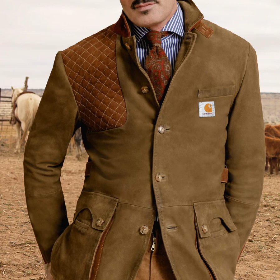 

Men's Vintage Suede Patchwork Color Multi-Pocket Reverse Collar Outdoor Jacket