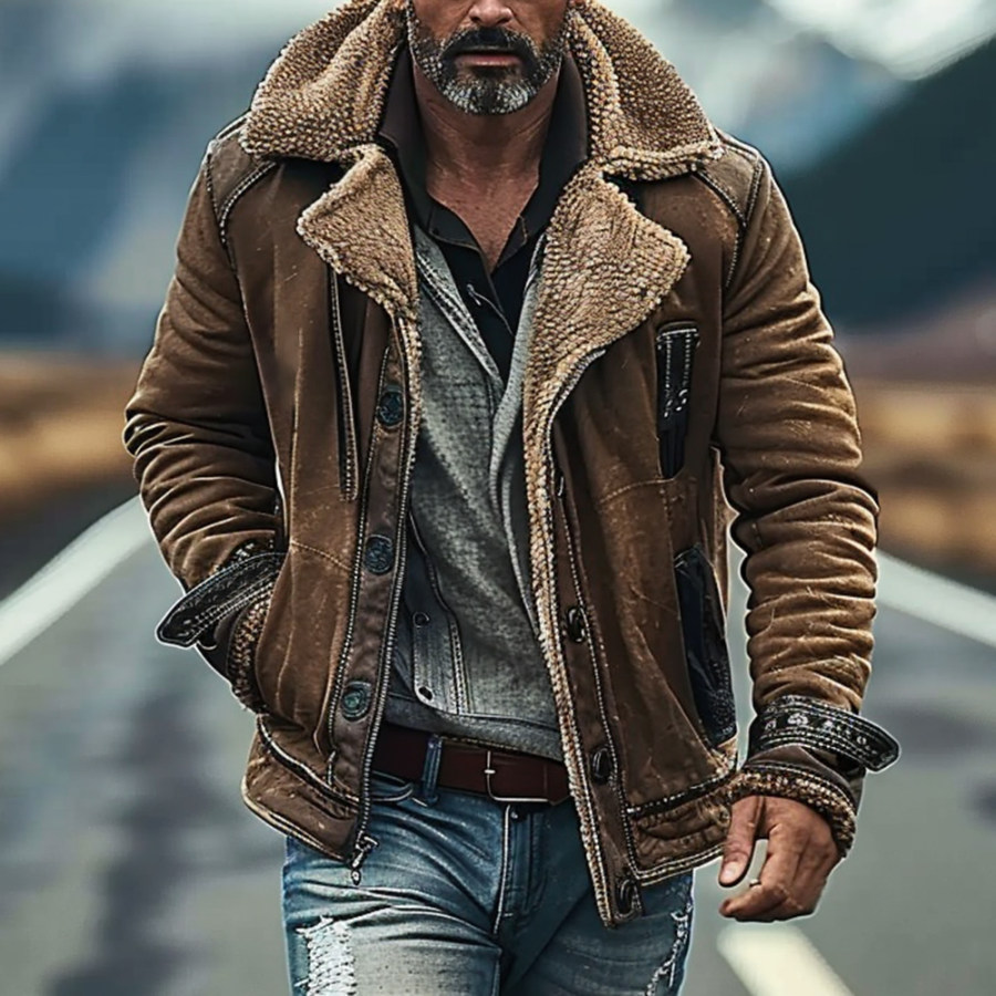 

Men's Vintage Leather And Lambswool Western Warm Casual Leather Jacket