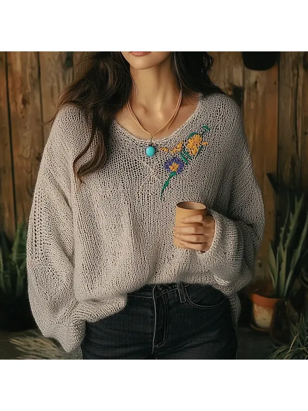 Women's Knitted Floral Round Neck Sweater - Cominbuy.com 