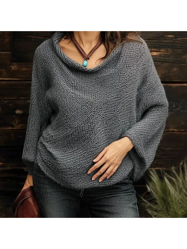 Women's Knitted Solid Color Crew Neck Sweater - Realyiyi.com 