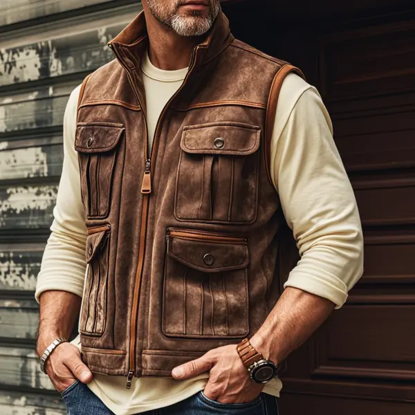 Men's Vintage Pocket Suede Zipper Vest Outdoor Stand Up Vest Jacket - Dozenlive.com 