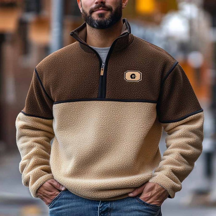 

Men's Vintage Fleece Color Block Stand Collar Quarter Zip Sweatshirt
