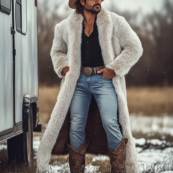 Western Cowboy Winter Warm Vintage Faux Fur Coat Jacket - Yiyistories.com 