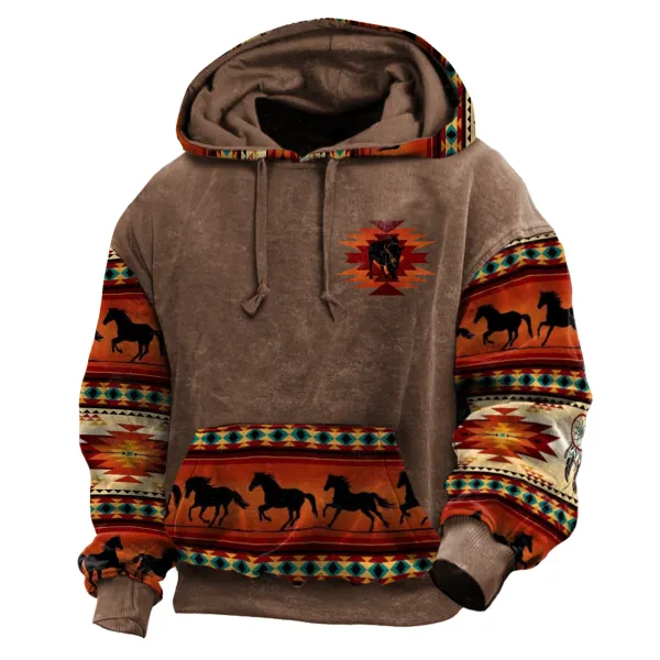 Men's Outdoor Casual Retro Western Ethnic Style Contrasting Print Pull-up Hooded Sweatshirt - Anurvogel.com 