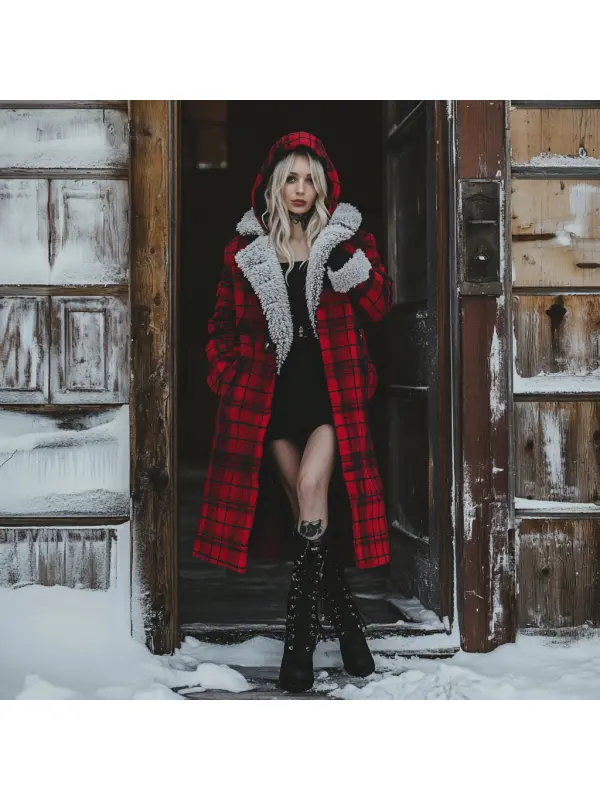 Women's Velvet Retro Plaid Autumn And Winter Hooded Fur Collar Warm Long Coat - Shopyiyistories.com 