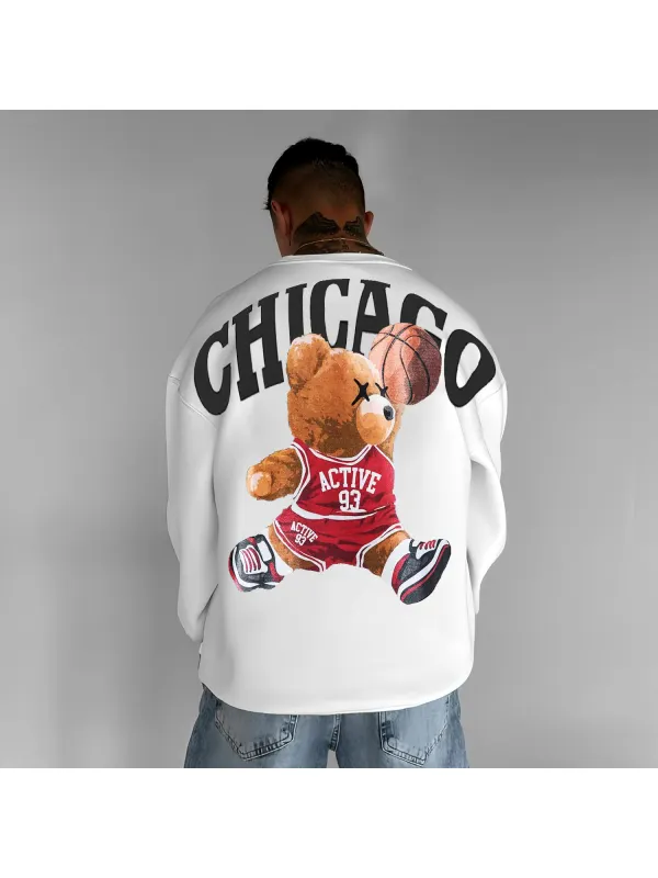 Casual Basketball Bear Print Crew Neck Sweatshirt - Ootdmw.com 