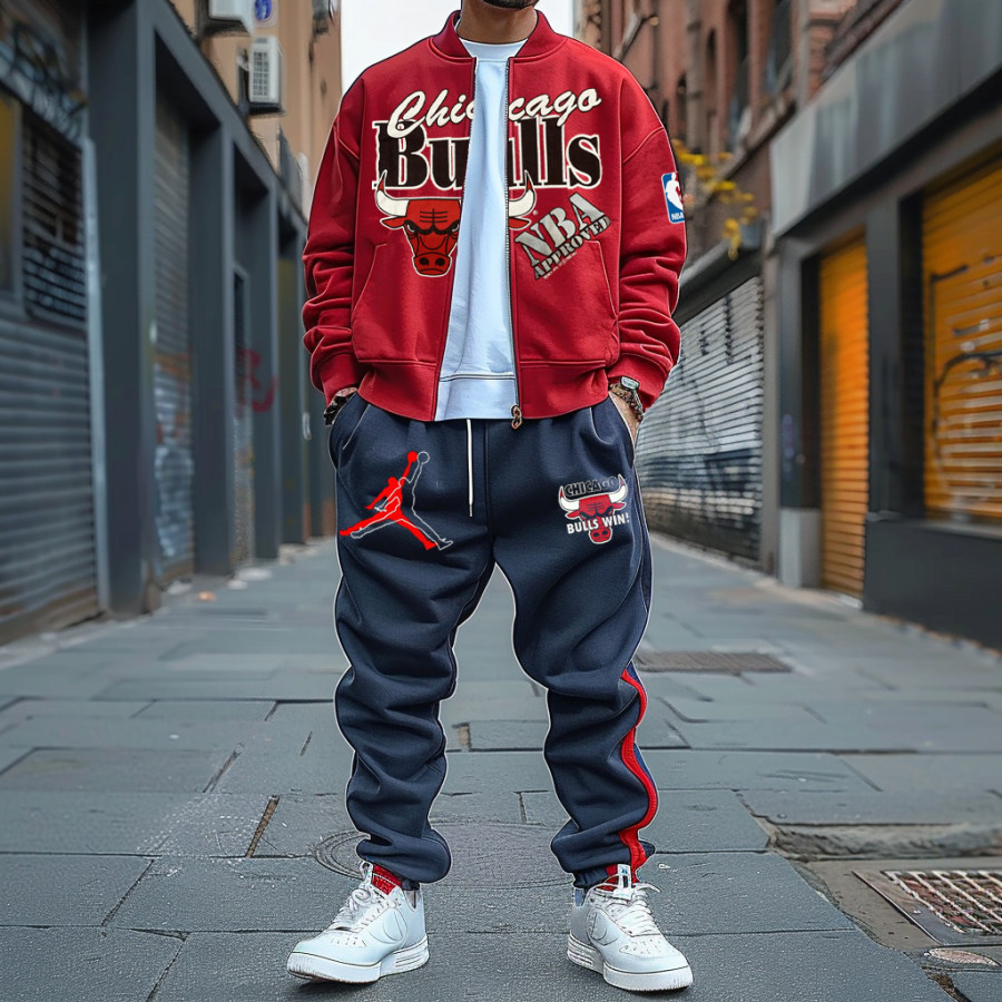 

Basketball Print Jacket And Sweatpants Casual Colorblock Set