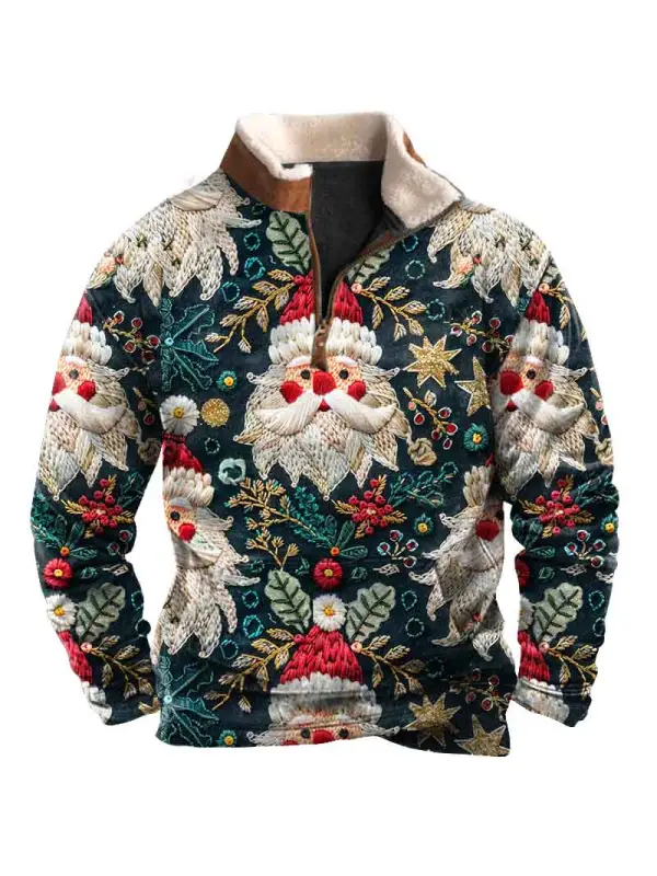 Men's Vintage Christmas Santa Seamless Print Fleece Collar Quarter Zip Stand Collar Sweatshirt - Ootdmw.com 