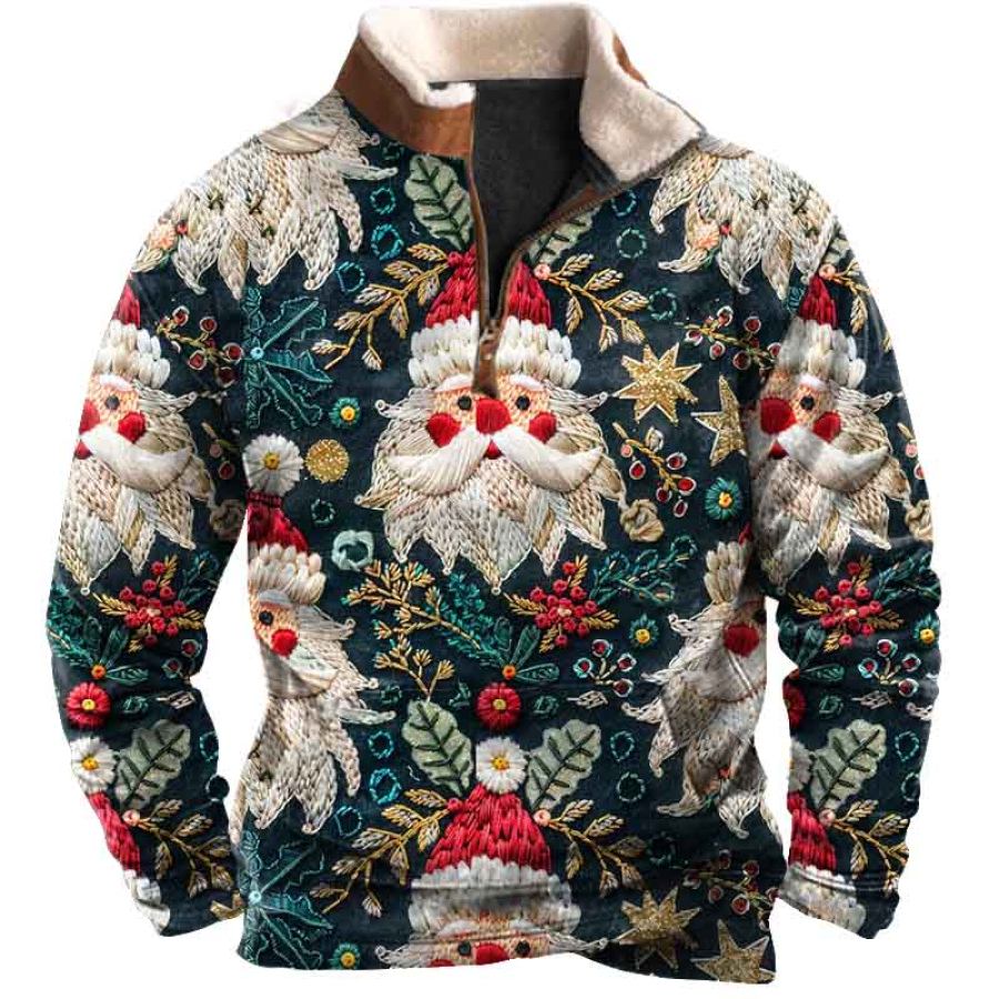 

Men's Vintage Christmas Santa Seamless Print Fleece Collar Quarter Zip Stand Collar Sweatshirt