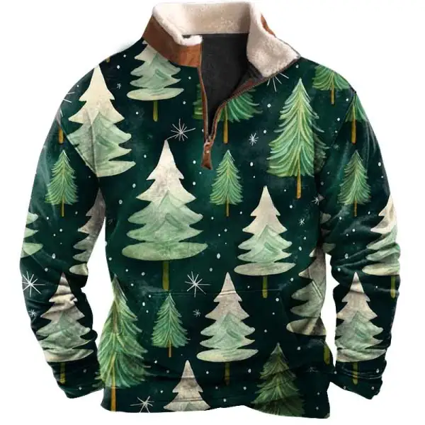 Men's Vintage Christmas Tree Print Fleece Collar Quarter Zip Stand Collar Sweatshirt - Wayrates.com 