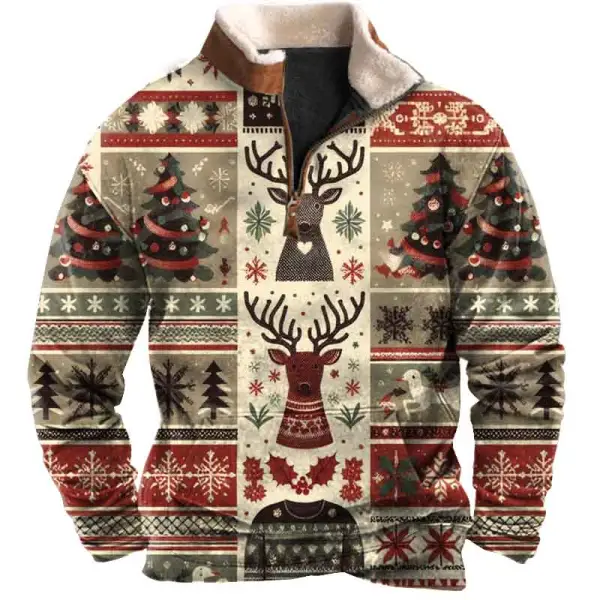 Men's Vintage Christmas Tree Elk Print Fleece Collar Quarter Zip Stand Collar Sweatshirt - Wayrates.com 