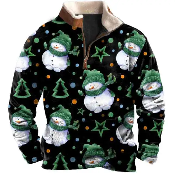 Men's Vintage Christmas Snowman Print Fleece Collar Quarter Zip Stand Collar Sweatshirt - Wayrates.com 