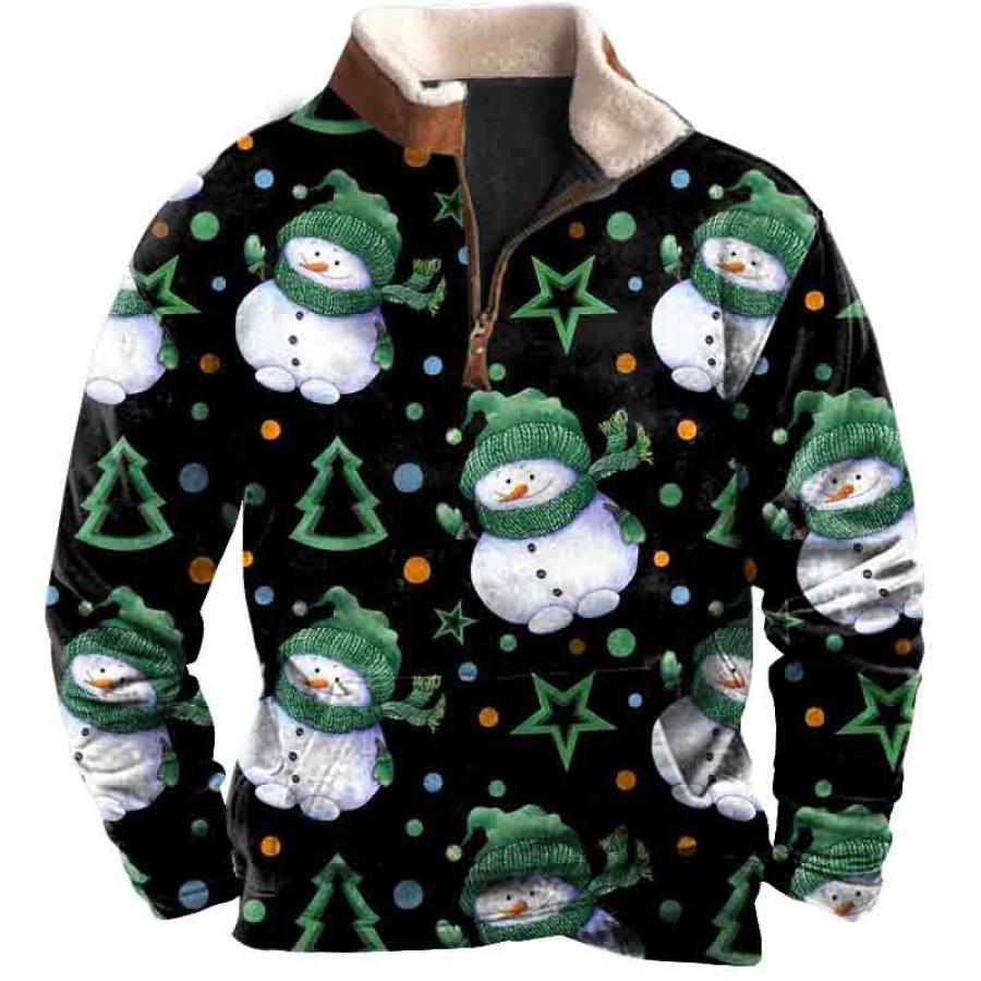 

Men's Vintage Christmas Snowman Print Fleece Collar Quarter Zip Stand Collar Sweatshirt