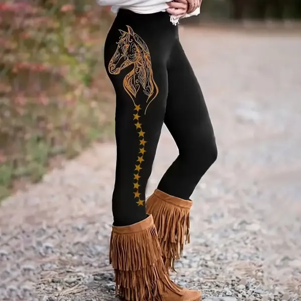 Vibrant Horse Print Skinny Leggings - Stretchy, Elastic Waist, Comfortable, Casual, Women's Fashion Clothing - Perfect F - Wayrates.com 