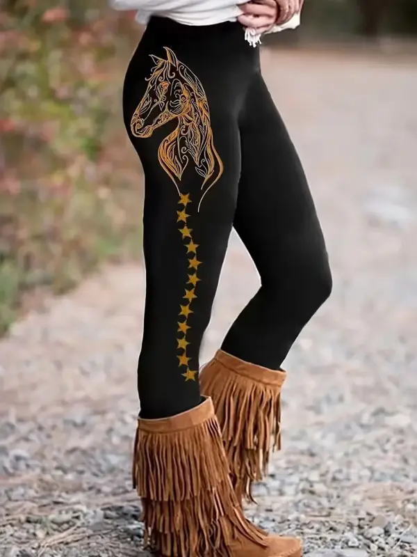 Vibrant Horse Print Skinny Leggings - Stretchy, Elastic Waist, Comfortable, Casual, Women's Fashion Clothing - Perfect F - Wantbright.com 