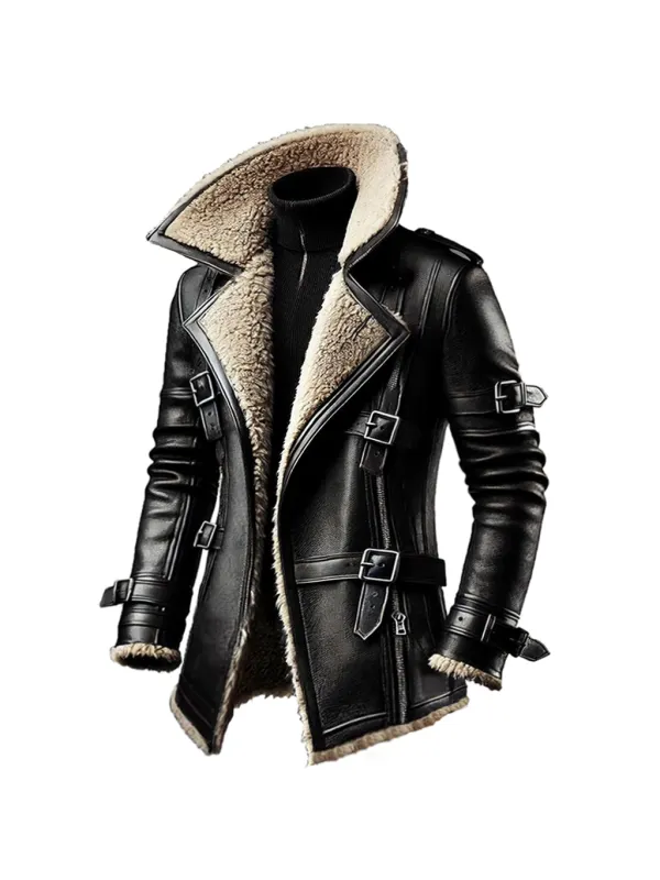 Men's PU Leather Lapel Fleece Jacket - Ootdmw.com 