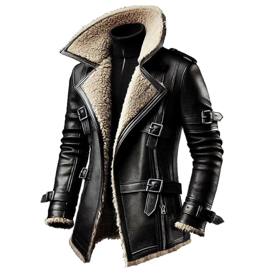 

Men's PU Leather Lapel Fleece Jacket